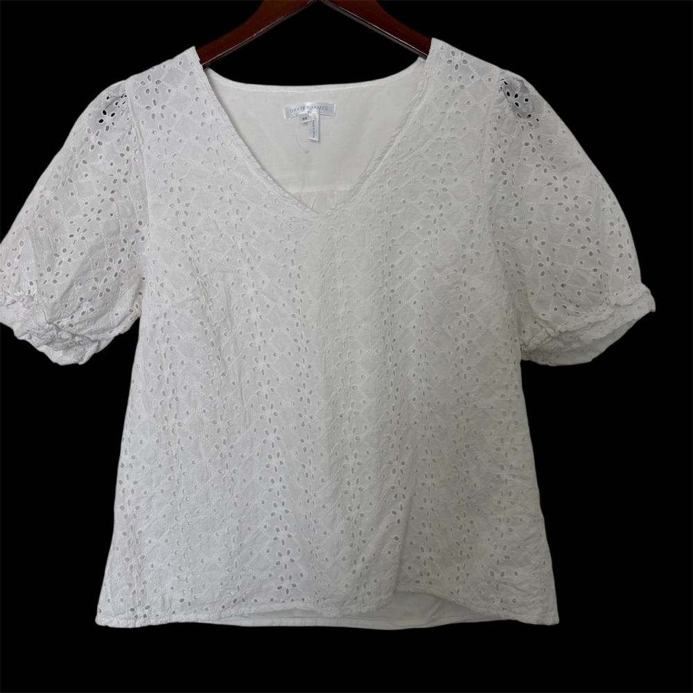 Draper James White Eyelet Puff Sleeve Cotton Lined Top - M